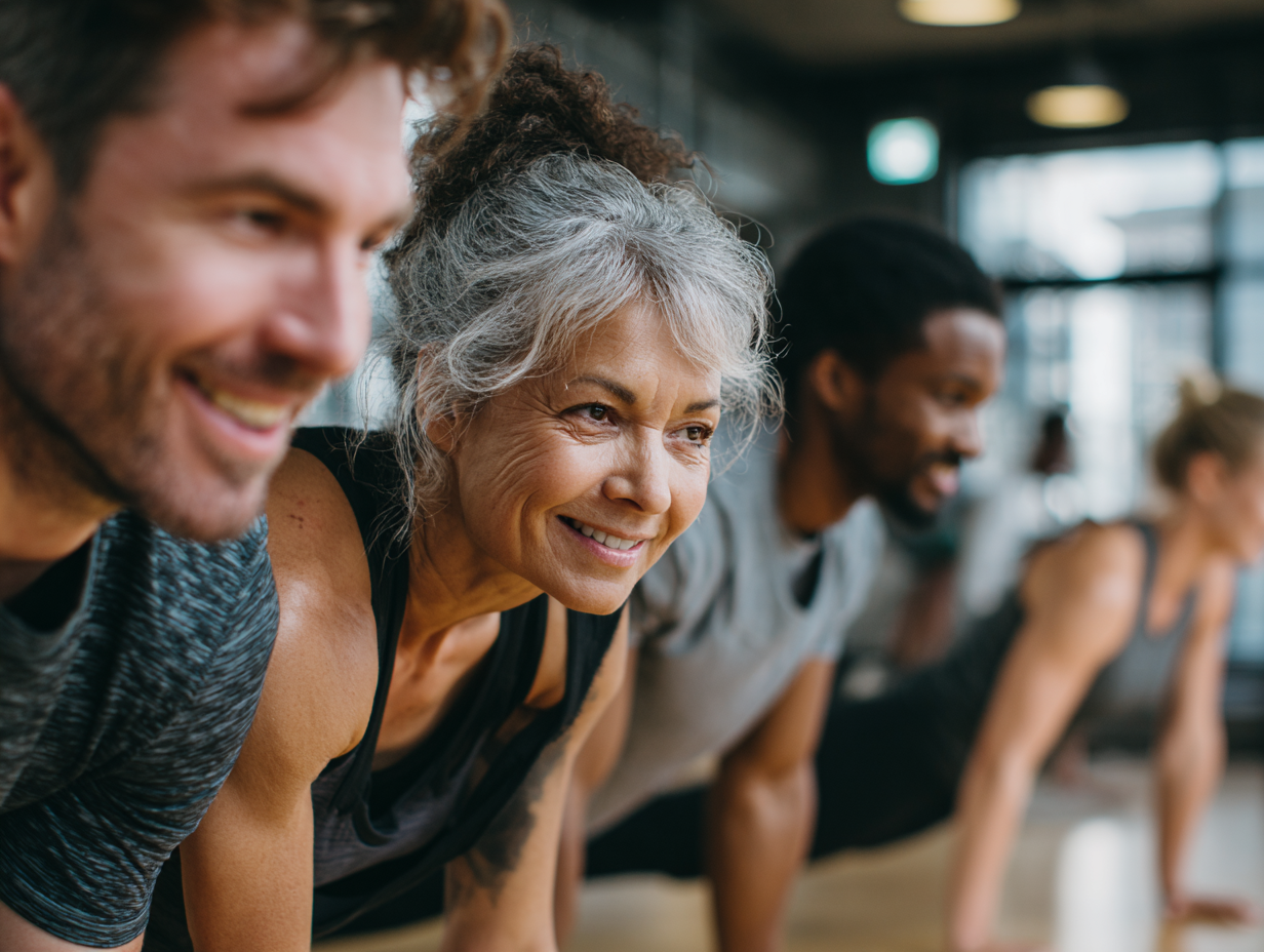 Oameni de diferite vârste la antrenament în aer liber